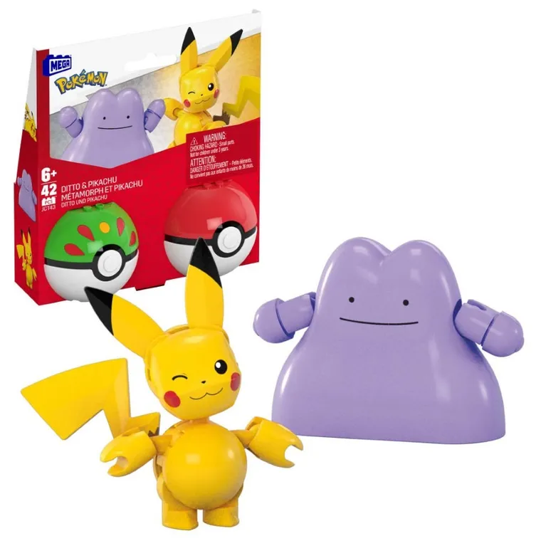 MEGA Pokemon, Pokeball Pikachu i Ditto, 2 figurki, klocki, 42 elementy