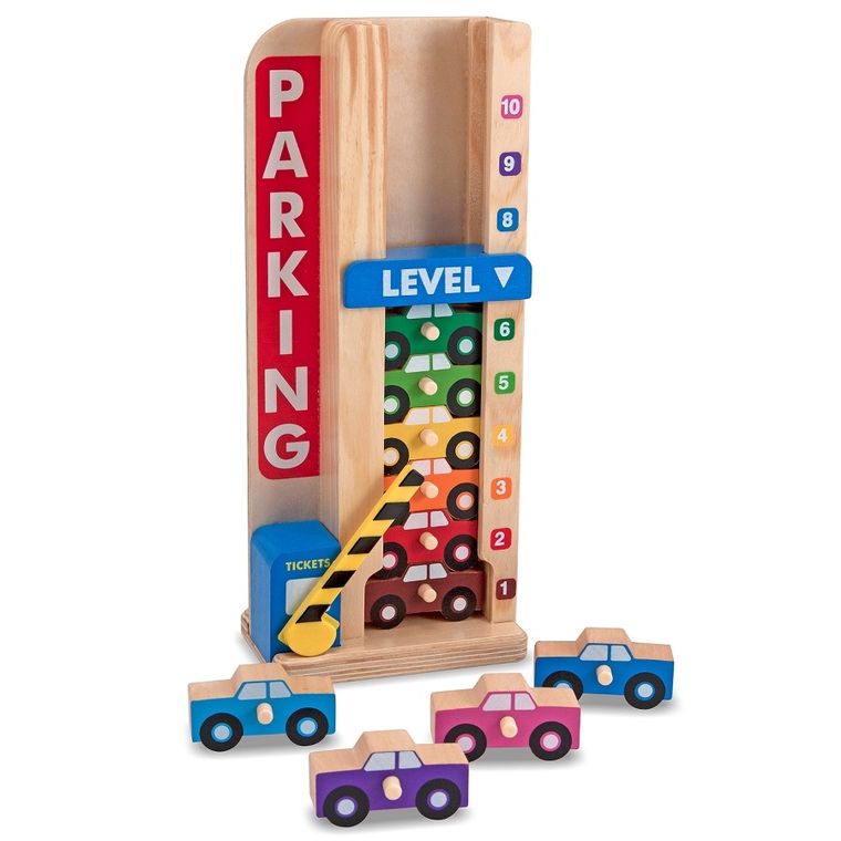 Melissa & Doug, drewniany parking i 10 samochodów, zestaw