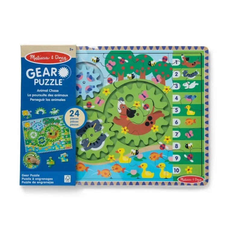 Melissa & Doug, zwierzęta, drewniana układanka z kołami zębatymi, 24 elementy