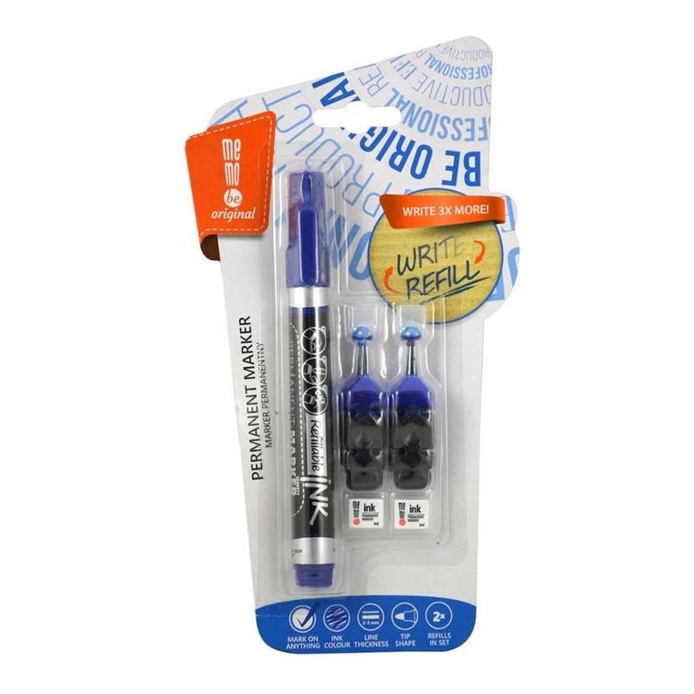 Memobe, marker permanentny, 2 ampułki z zapasowym tuszem, okrągła końcówka, niebieski