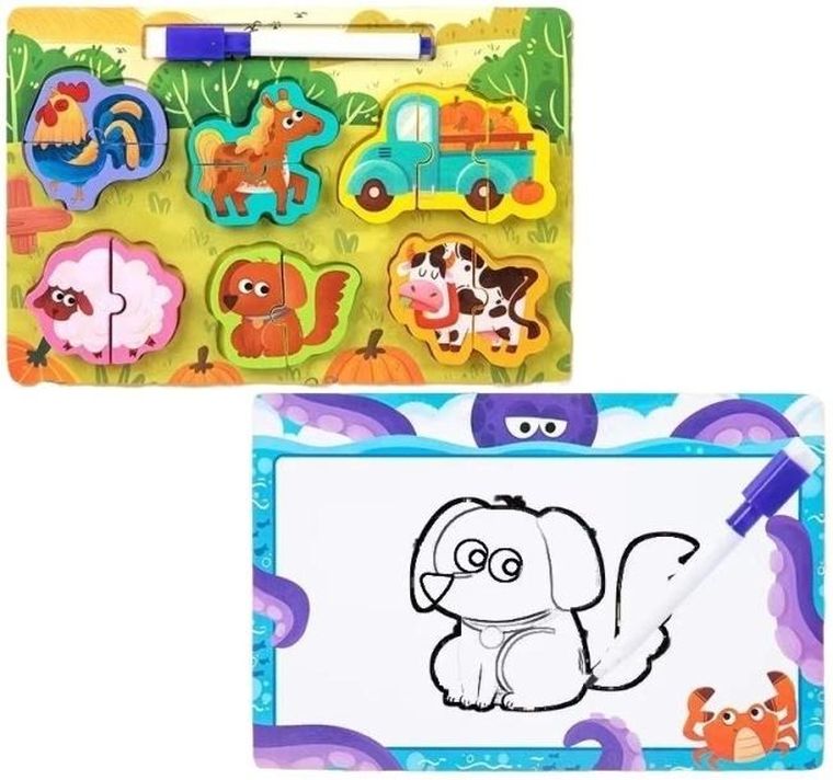 Merkpol, drewniane puzzle, układanka z tablicą, farma