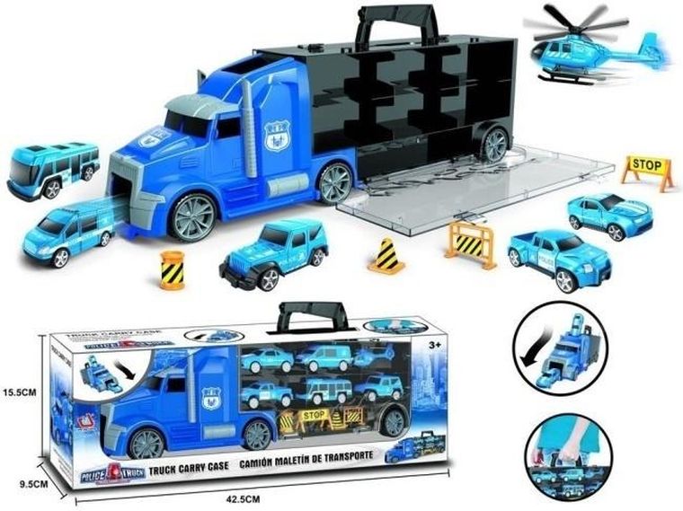 Merkpol, tir transportowiec z pojazdami, policja