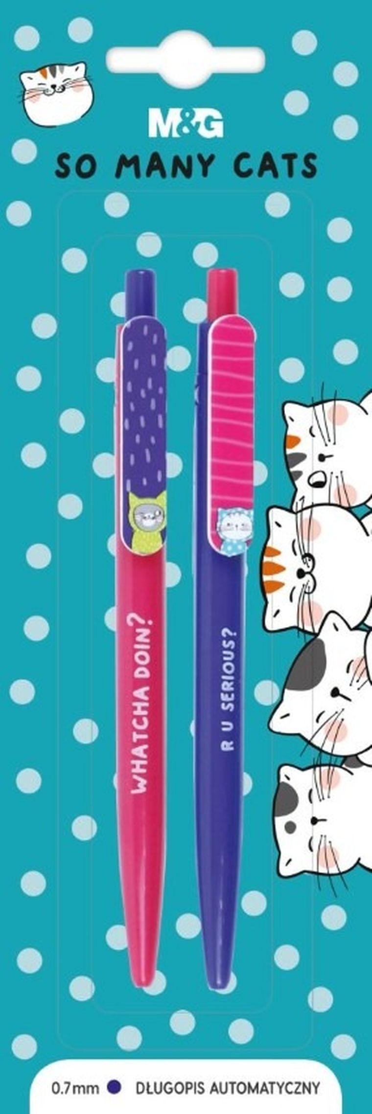 M&G, długopisy automatyczne So Many Cats, niebieskie, 0.7 mm, 2 szt.