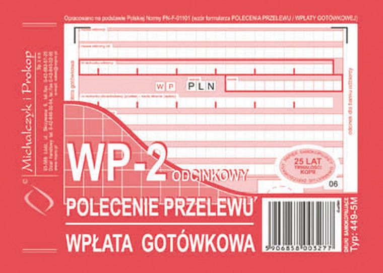 Michalczyk i Prokop Druki, polecenie przelewu wpłata gotówkowa A6, 2 odcinkowe A6