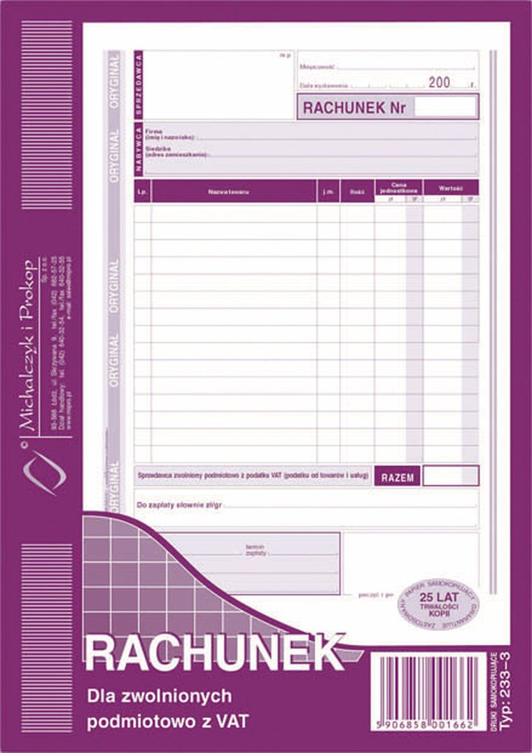 Michalczyk i Prokop Druki, rachunek A5 dla zwolnionych z VAT, pion