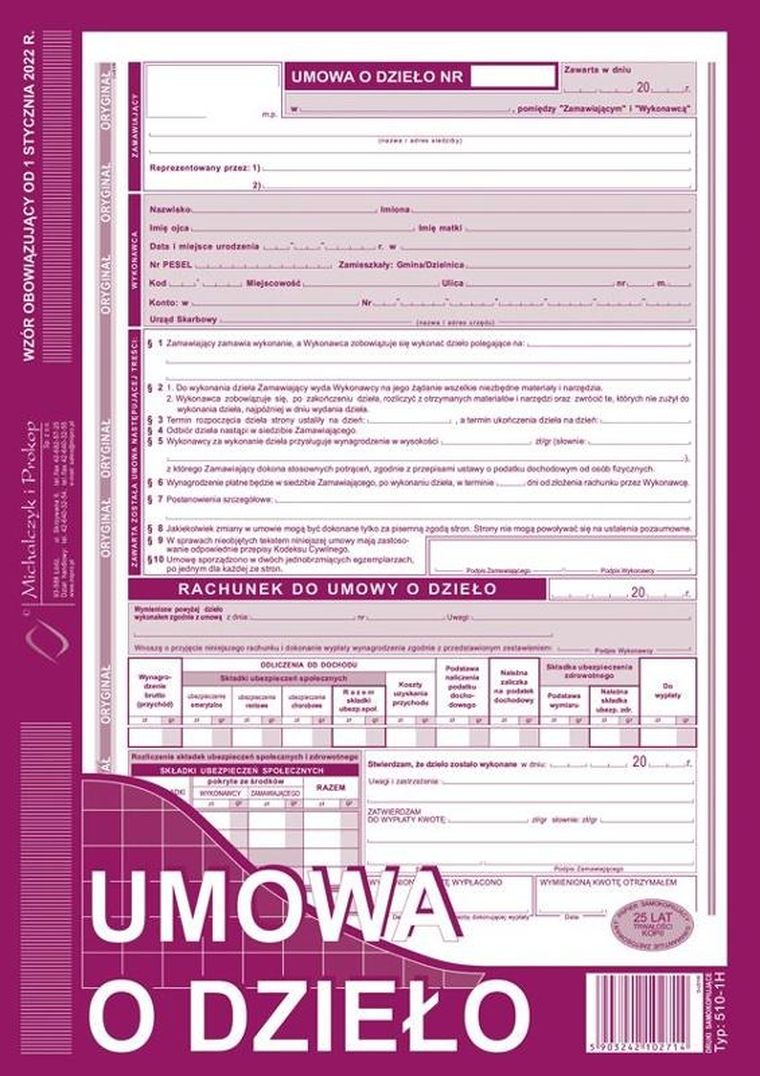 Michalczyk i Prokop, Druki, Umowa o dzieło, A4