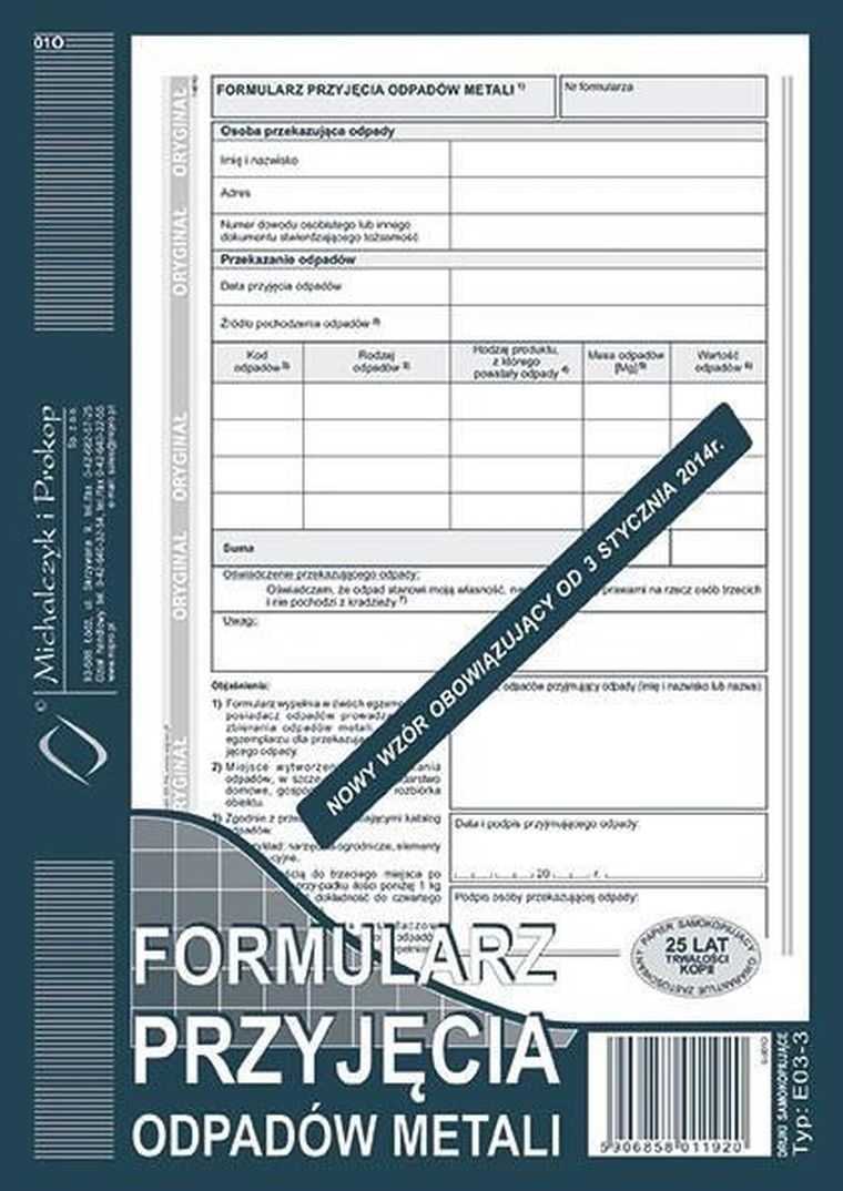 Michalczyk i Prokop, formularz przyjęcia odpadów metali, E03-3