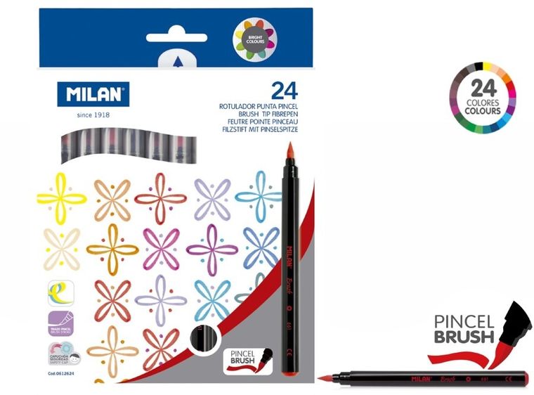 Milan, Brush, flamastry pędzelkowe, 24 kolory w kartonowym opakowaniu