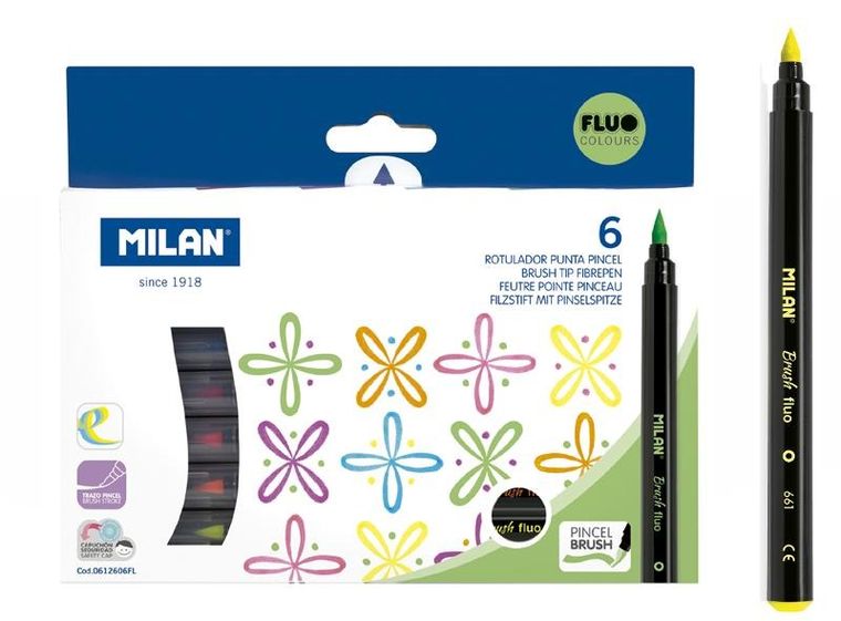 Milan, Brush Fluo, flamastry pędzelkowe, 6 kolorów