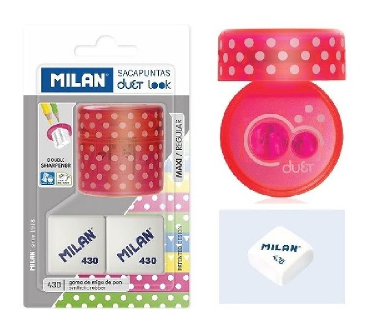 Milan duet, temperówka, różowa + 2 gumki