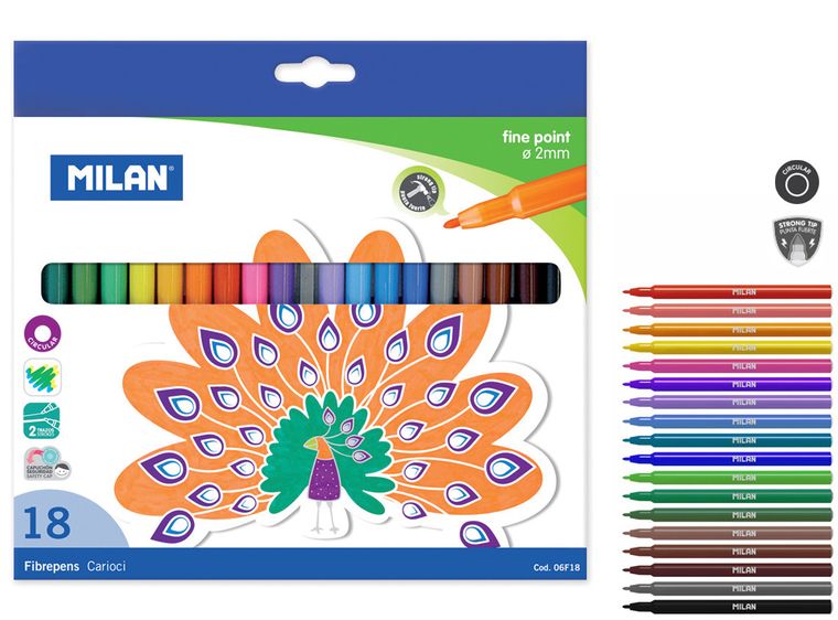 Milan, flamastry okrągłe z cienką końcówką, 18 kolorów
