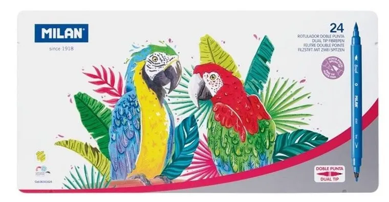 Milan, flamastry z 2 końcówkami, metalowe opakowanie, 24 kolory