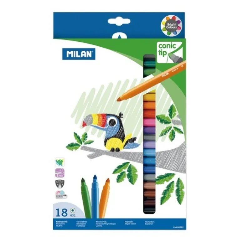 Milan, flamastry ze stożkową końcówką w kartonowym opakowaniu, 18 szt.