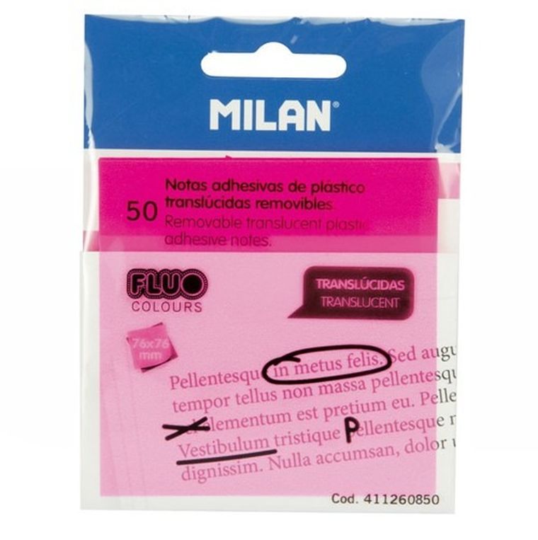 Milan, Fluo, przezroczyste karteczki samoprzylepne, różowe, 76-76 mm, 50 szt.