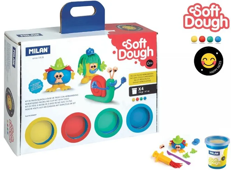 Milan, Funny Faces, ciastolina z narzędziami, 4 kolory po 116g