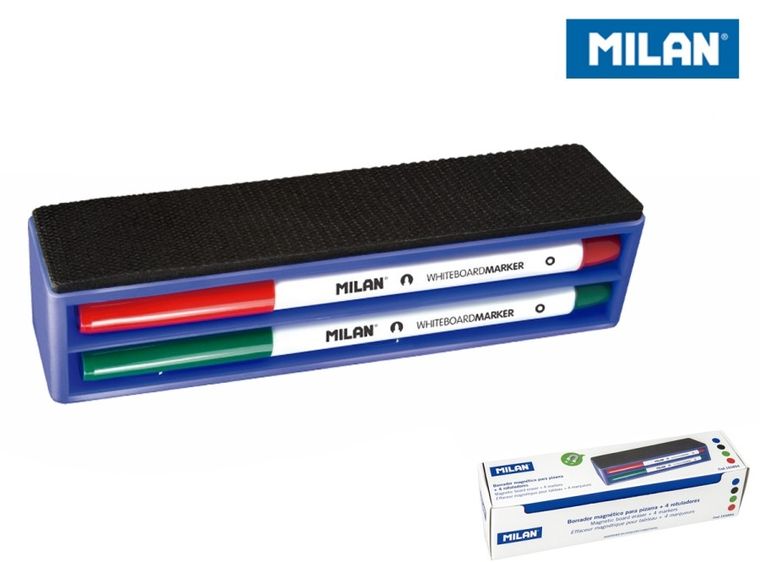 Milan, gąbka do wycierania tablic + 4 markery