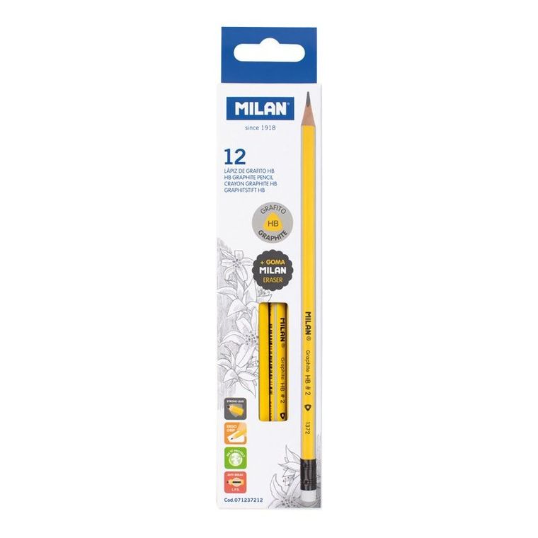 Milan, ołówek trójkątny z gumką, HB, żółty, 12 szt.