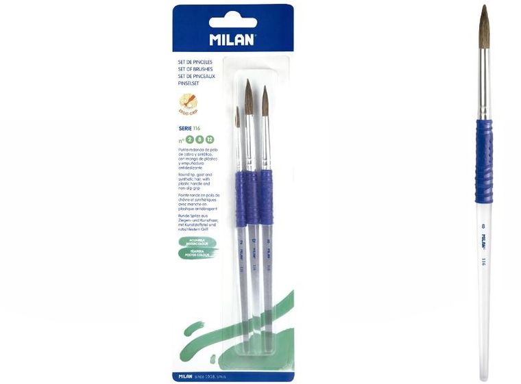 Milan, pędzle okrągłe z włosia koziego, seria 116, 3 szt.