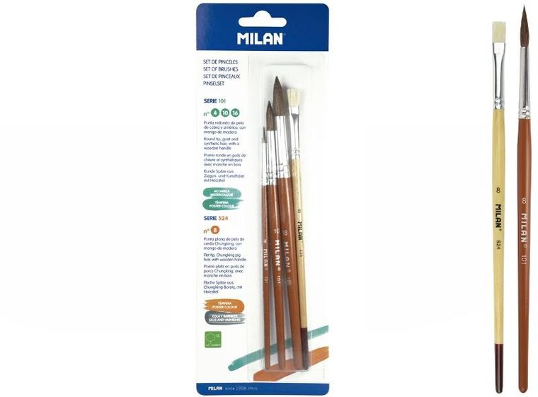 Milan, pędzle szkolne, seria 101 i 524, 4 szt.