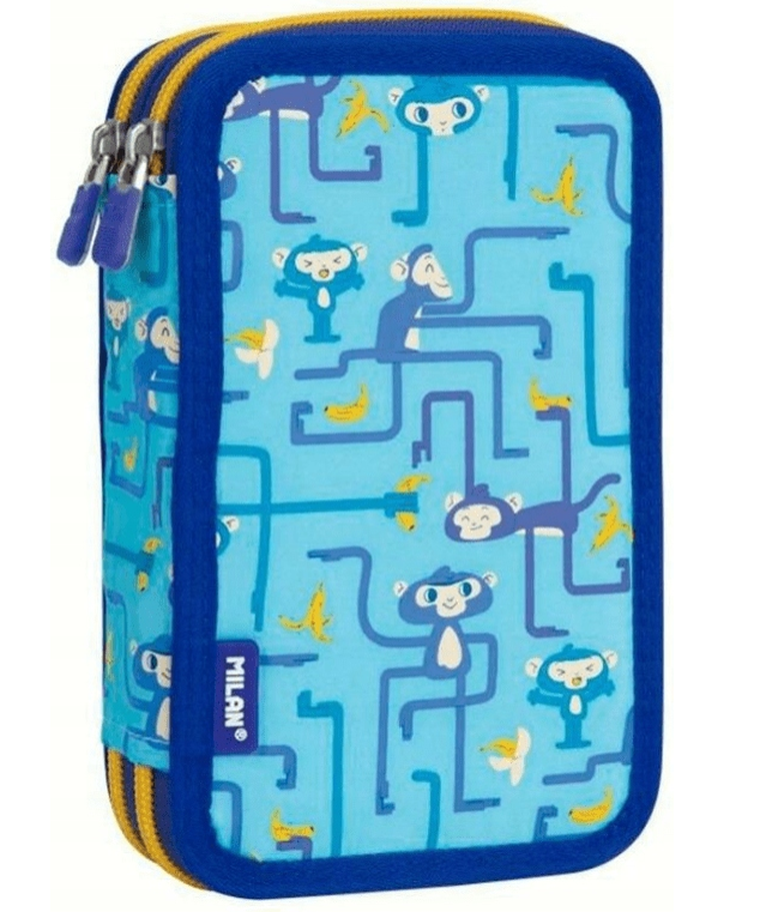 Milan, piórnik 2-poziomowy z wyposażeniem, Tangled Monkeys, niebieski