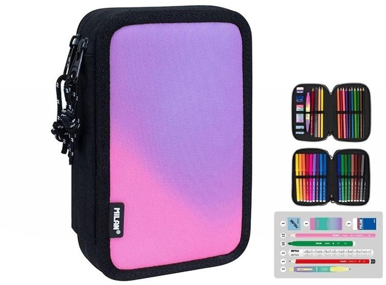 Milan, piórnik z wyposażeniem, Sunset, czarno-różowy