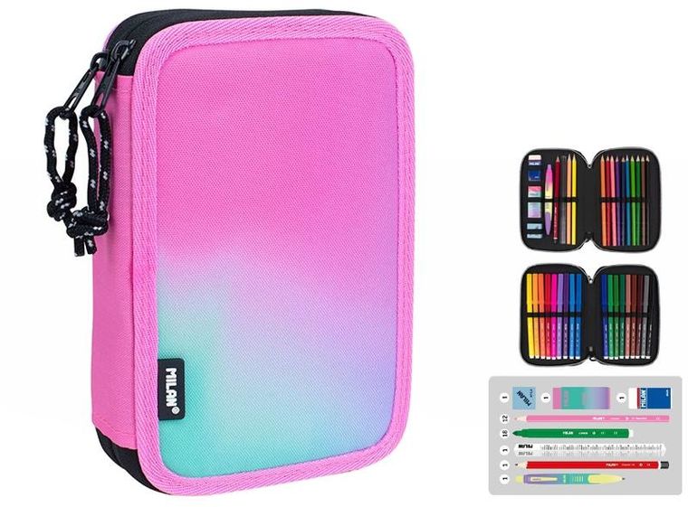 Milan, piórnik z wyposażeniem, sunset, różowy