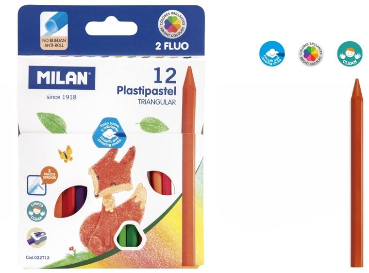 Milan, Plastipastel, kredki świecowe, trójkątne, 12 kolorów w kartonowym opakowaniu