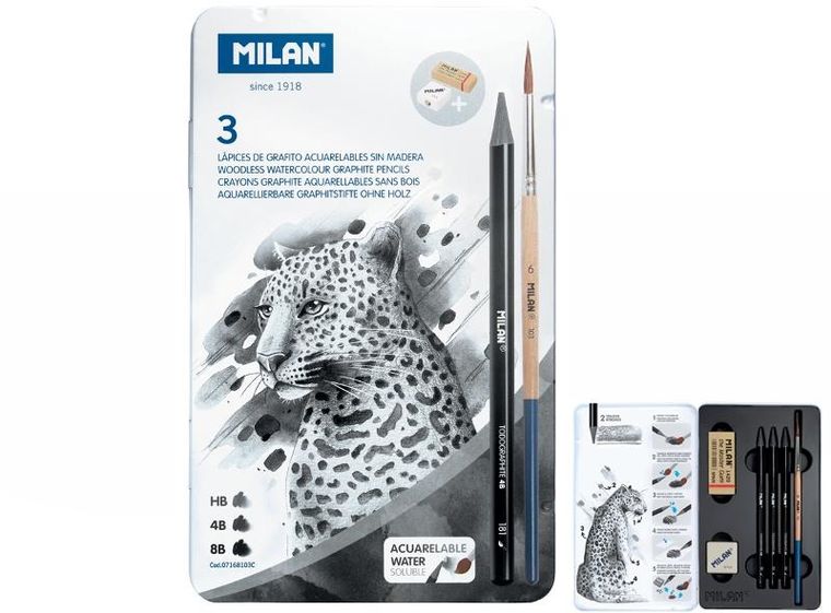 Milan, zestaw 3 ołówków bezdrzewnych, temperówka, gumka, pędzel