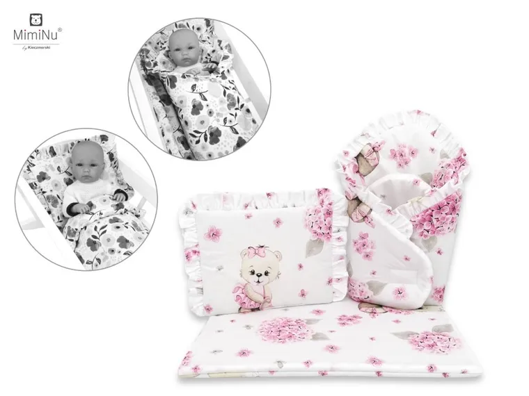 MimiNu by Kieczmerski, zestaw dla lalki: rożek, poduszeczka, kołderka, baletnica, róż