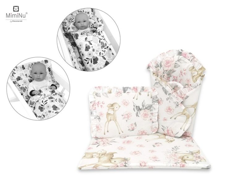 MimiNu by Kieczmerski, zestaw dla lalki: rożek, poduszeczka, kołderka, słodka sarenka, róż