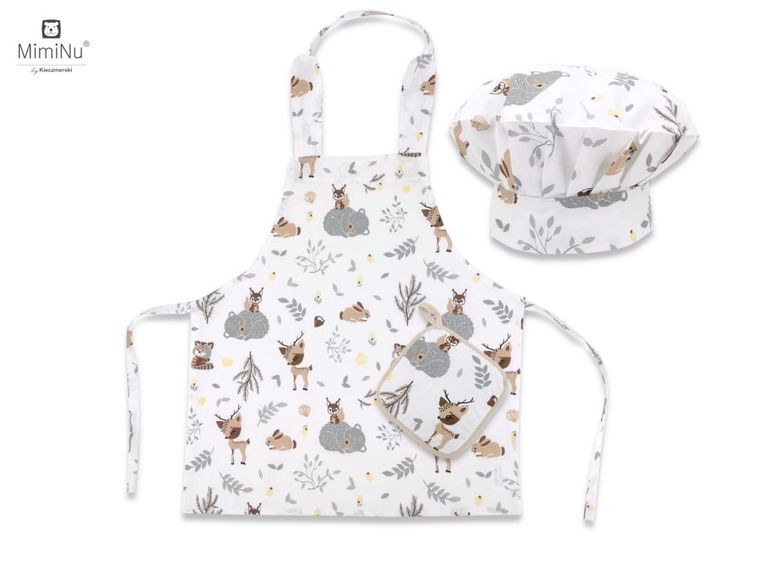 MimiNu by Kieczmerski, zestaw małego kucharza, bawełna, leśni przyjaciele, beż