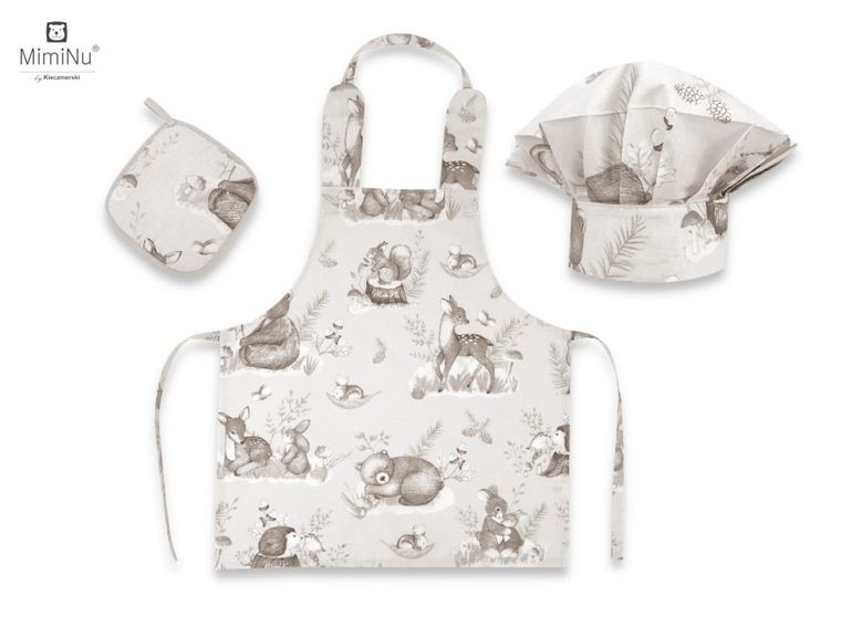 MimiNu by Kieczmerski, zestaw małego kucharza, bawełna, spokojny las, beż