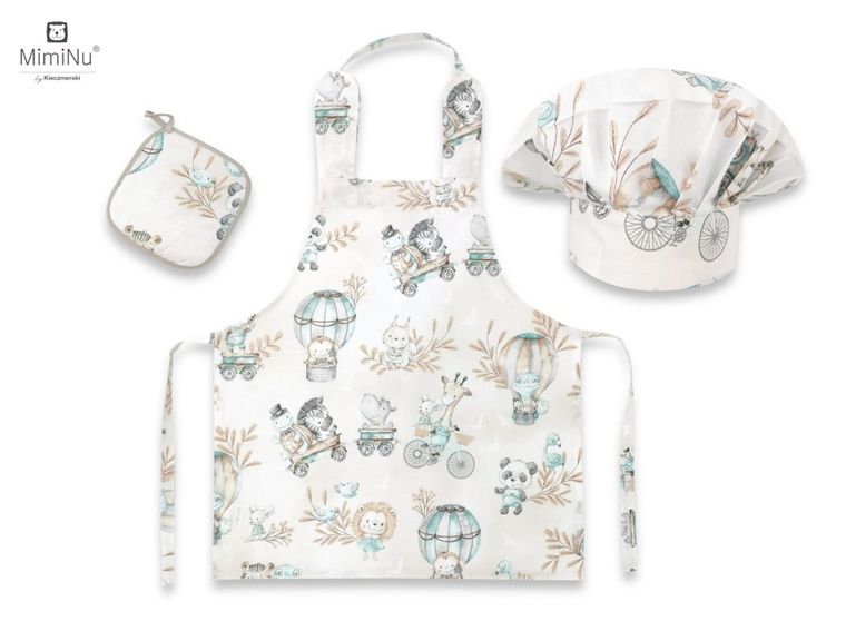 MimiNu by Kieczmerski, zestaw małego kucharza, bawełna, zoo na rowerach, nugat