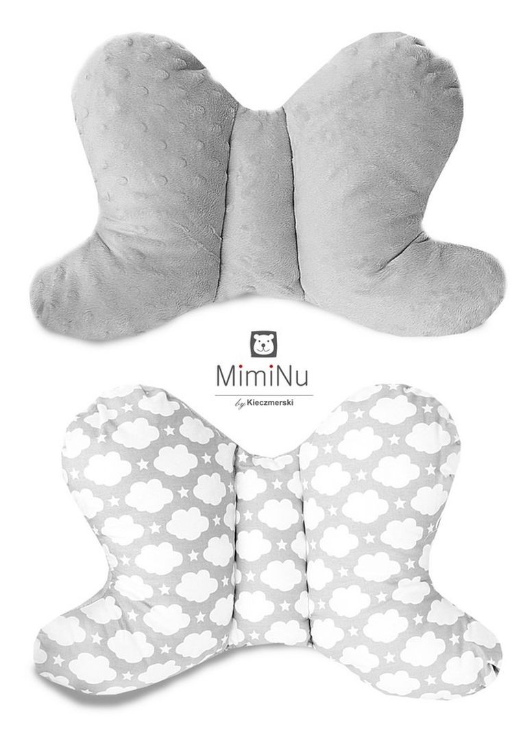 MimiNu, Chmurki, Minky, Motylek, poduszka podróżna antywstrząsowa, szary, 45-29 cm