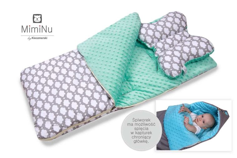 MimiNu, Chmurki, śpiworek z poduszką, miętowy, szary