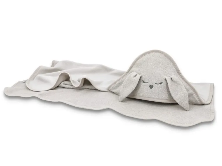 MimiNu, Króliczek, okrycie kąpielowe z haftem i uszami, termofrotte, beż, 100-100 cm