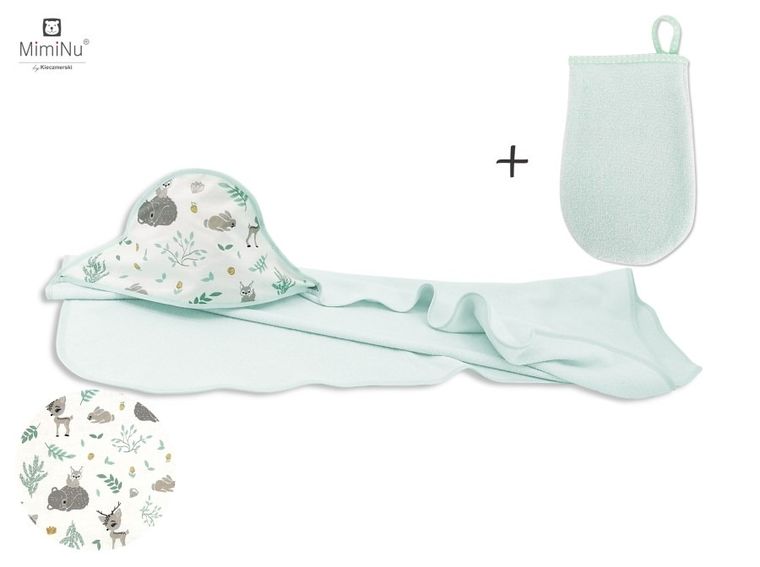MimiNu, Leśni Przyjaciele, okrycie kąpielowe, termofrotte + myjka, mięta, 100-100 cm