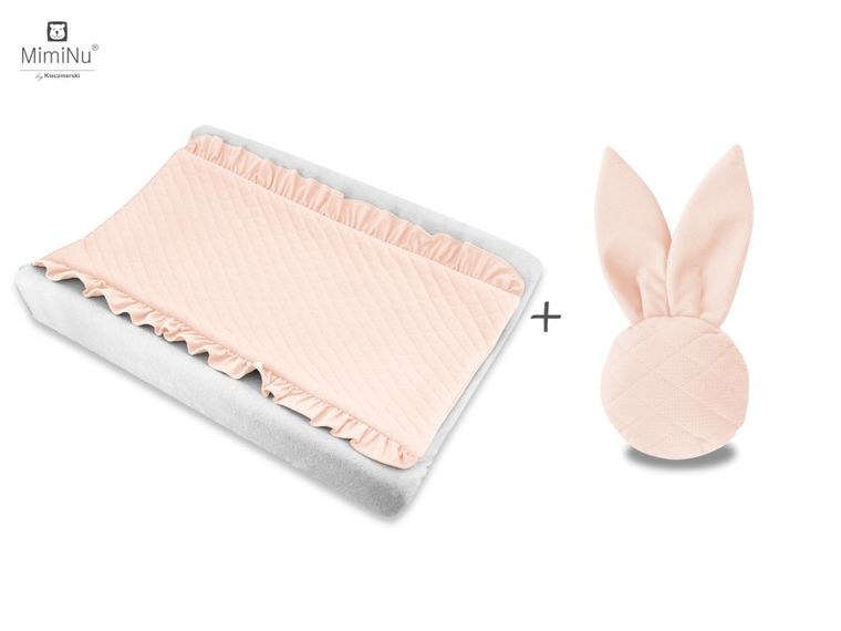 MimiNu, mata na przewijak + grzechotka zajączek, velvet pikowany, magnolia