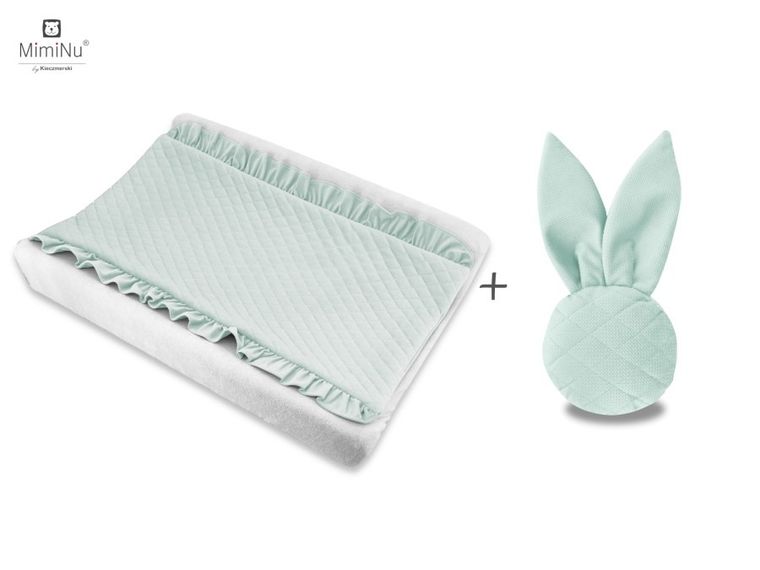 MimiNu, mata na przewijak + grzechotka zajączek, velvet pikowany, zimna mięta