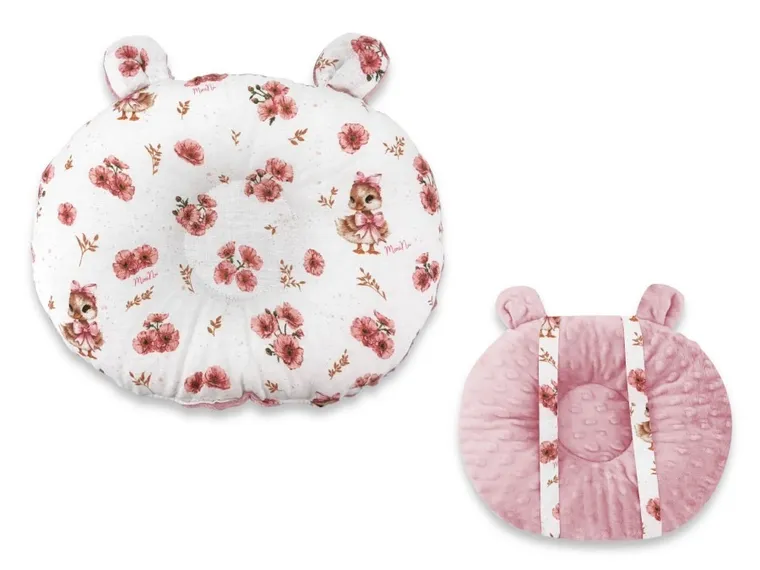 MimiNu, Miś, Kaczuszki, profilowana poduszka bawełniana, minky, pudrowy róż
