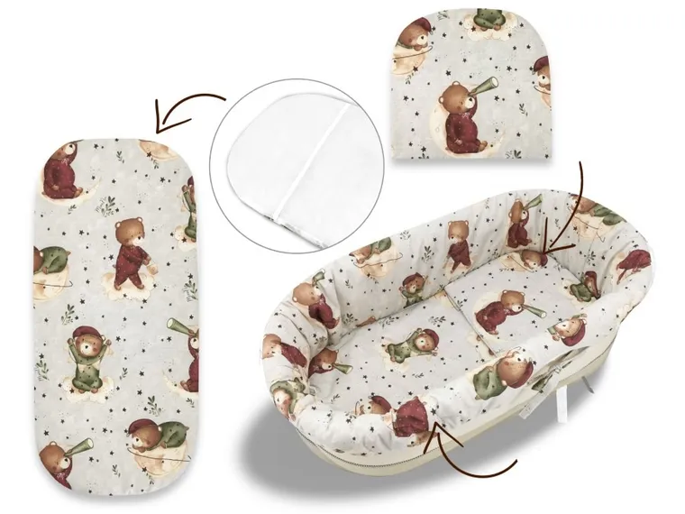 MimiNu, Miś na Księżycu, zestaw: uniwersalny ochraniacz do gondoli/kosza Mojżesza, materac, poduszka