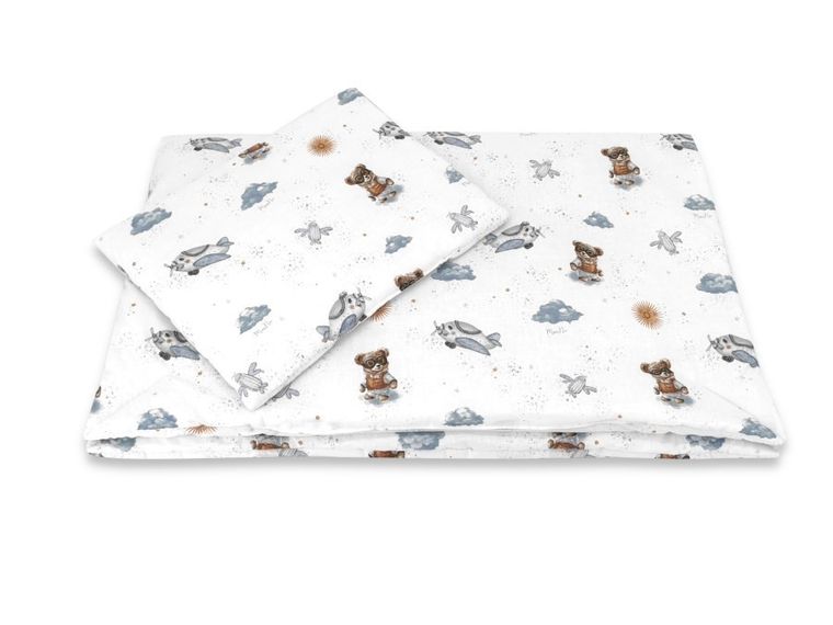 MimiNu, Misie, 2-częściowy komplet pościeli z wypełnieniem, błękit, 100-75 cm