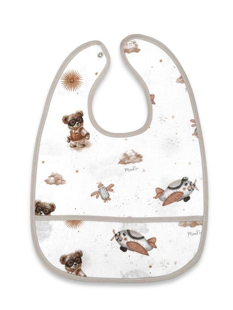 MimiNu, Misie, śliniak wodoodporny z kieszonką, beż