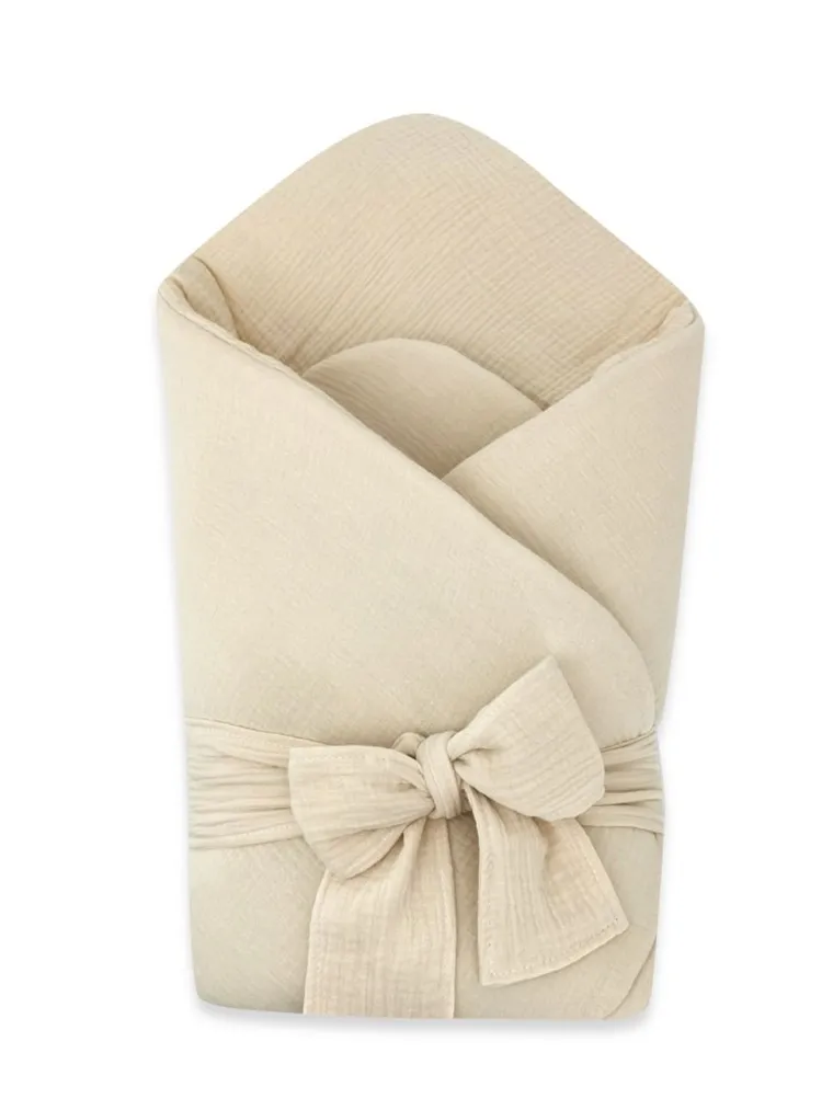 MimiNu, muślinowy rożek niemowlęcy, z kokardą, ciepły beż