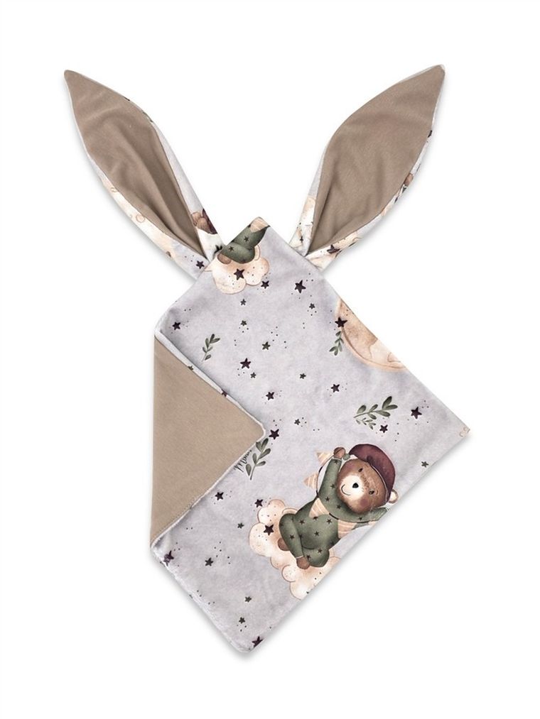 MimiNu, NewMinky, szmatka sensoryczna z uszami, miś na księżycu + beż, 30-30 cm
