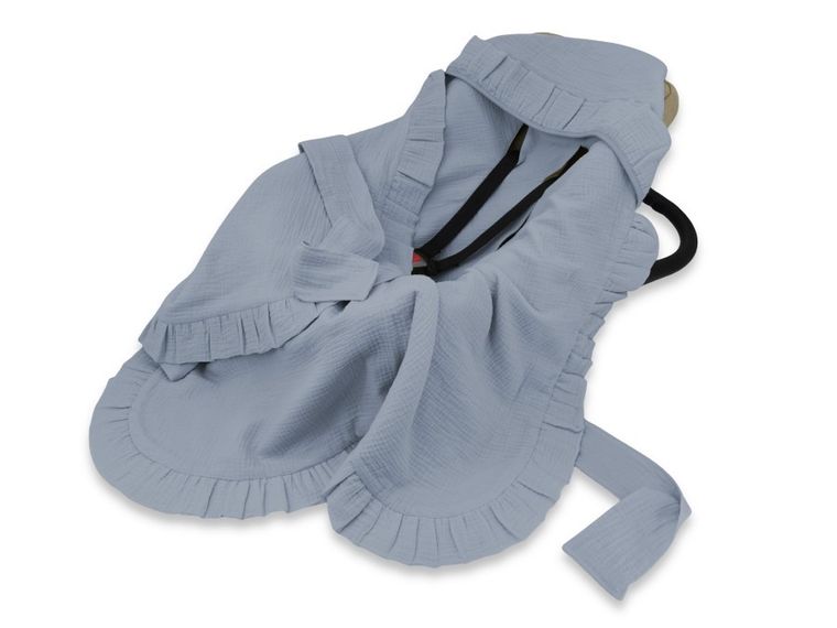 MimiNu, otulacz do wózka, fotelika samochodowego, 90-90 cm, falbanka, muślin, jeans, TOG 0.5-1.0