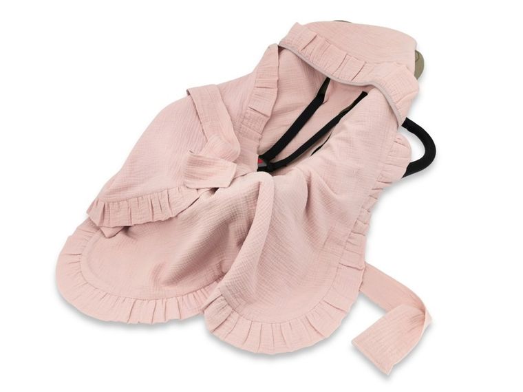 MimiNu, otulacz do wózka, fotelika samochodowego, 90-90 cm, falbanka, muślin, pudrowy róż, TOG 0.5-1.0
