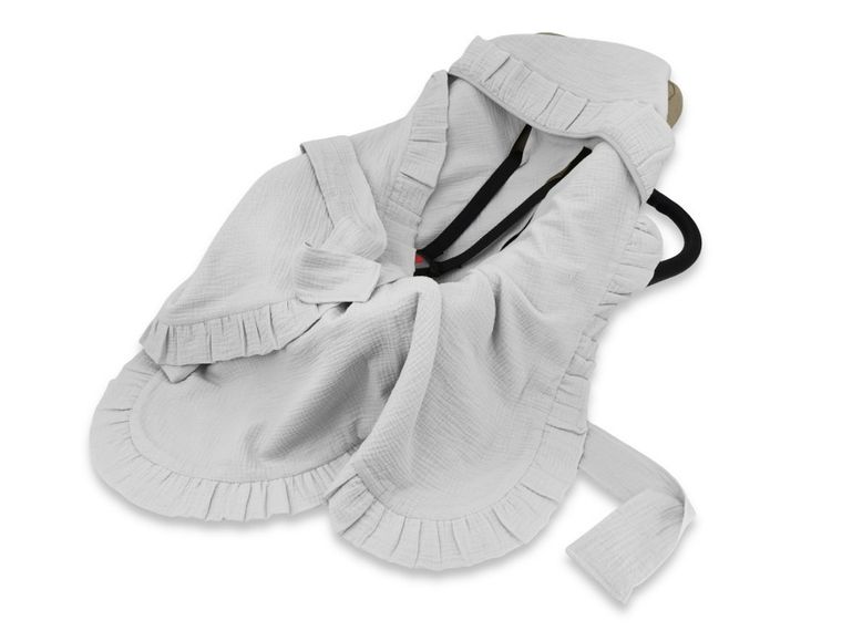 MimiNu, otulacz do wózka, fotelika samochodowego, 90-90 cm, falbanka, muślin, szary, TOG 0.5-1.0