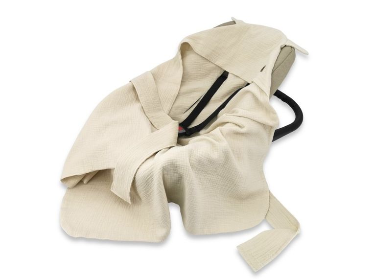 MimiNu, otulacz do wózka, fotelika samochodowego, 90-90 cm, uszka, muślin, ciepły beż, TOG 0.5-1.0