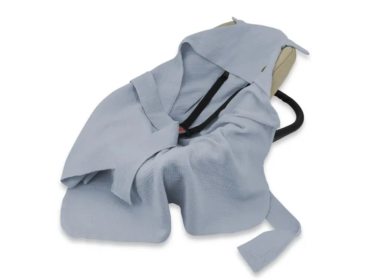 MimiNu, otulacz do wózka, fotelika samochodowego, 90-90 cm, uszka, muślin, jeans, TOG 0.5-1.0